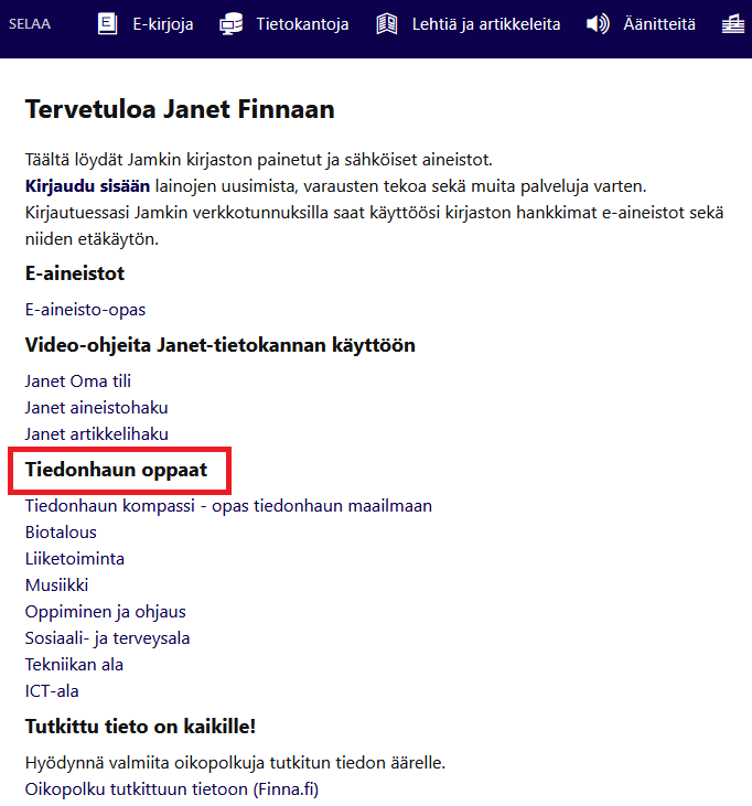 Janet Finnan etusivu, tiedonhaun alakohtaiset oppaat